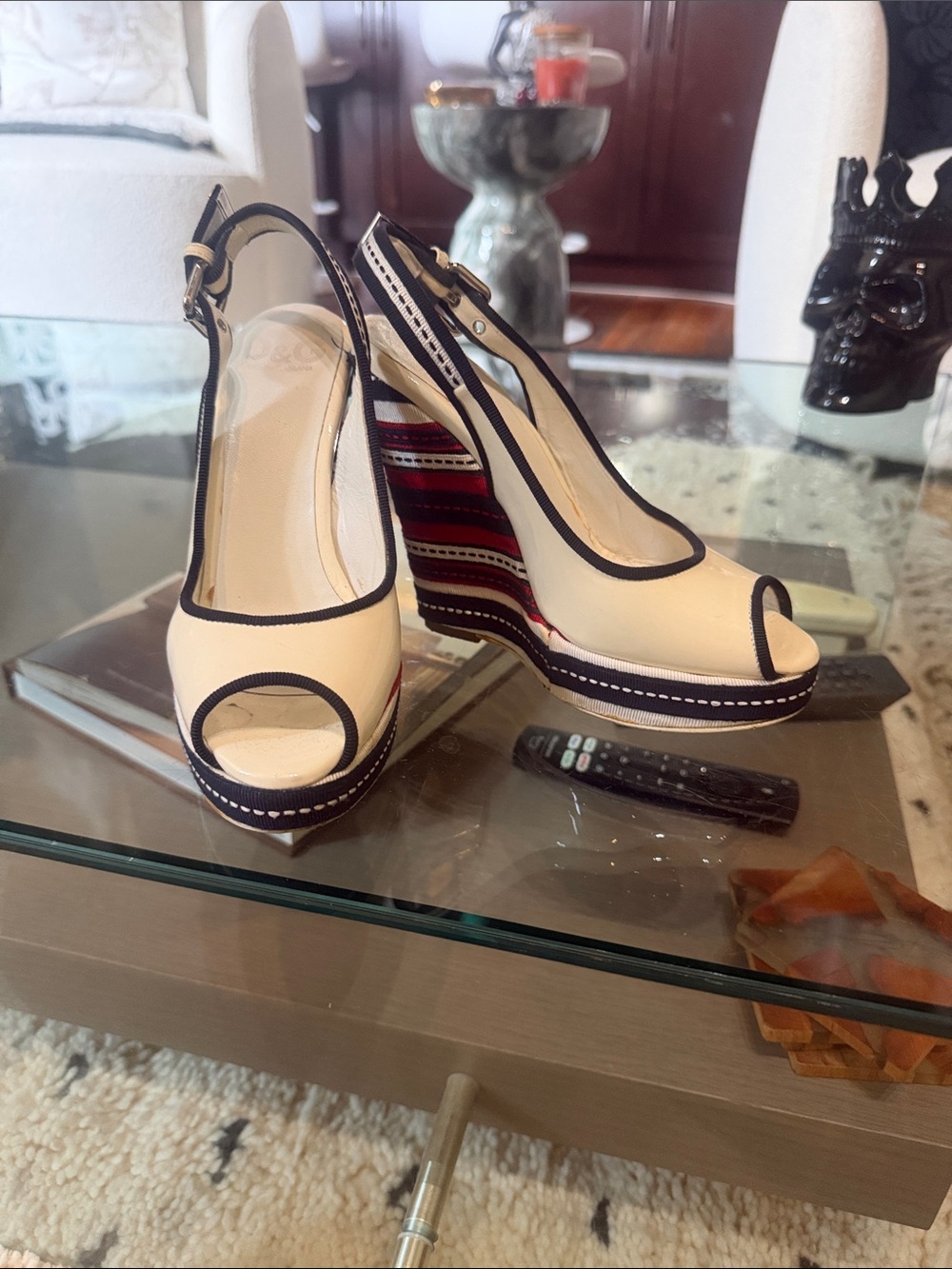 D&G Cream and Black Peep-Toe Slingback Wedges